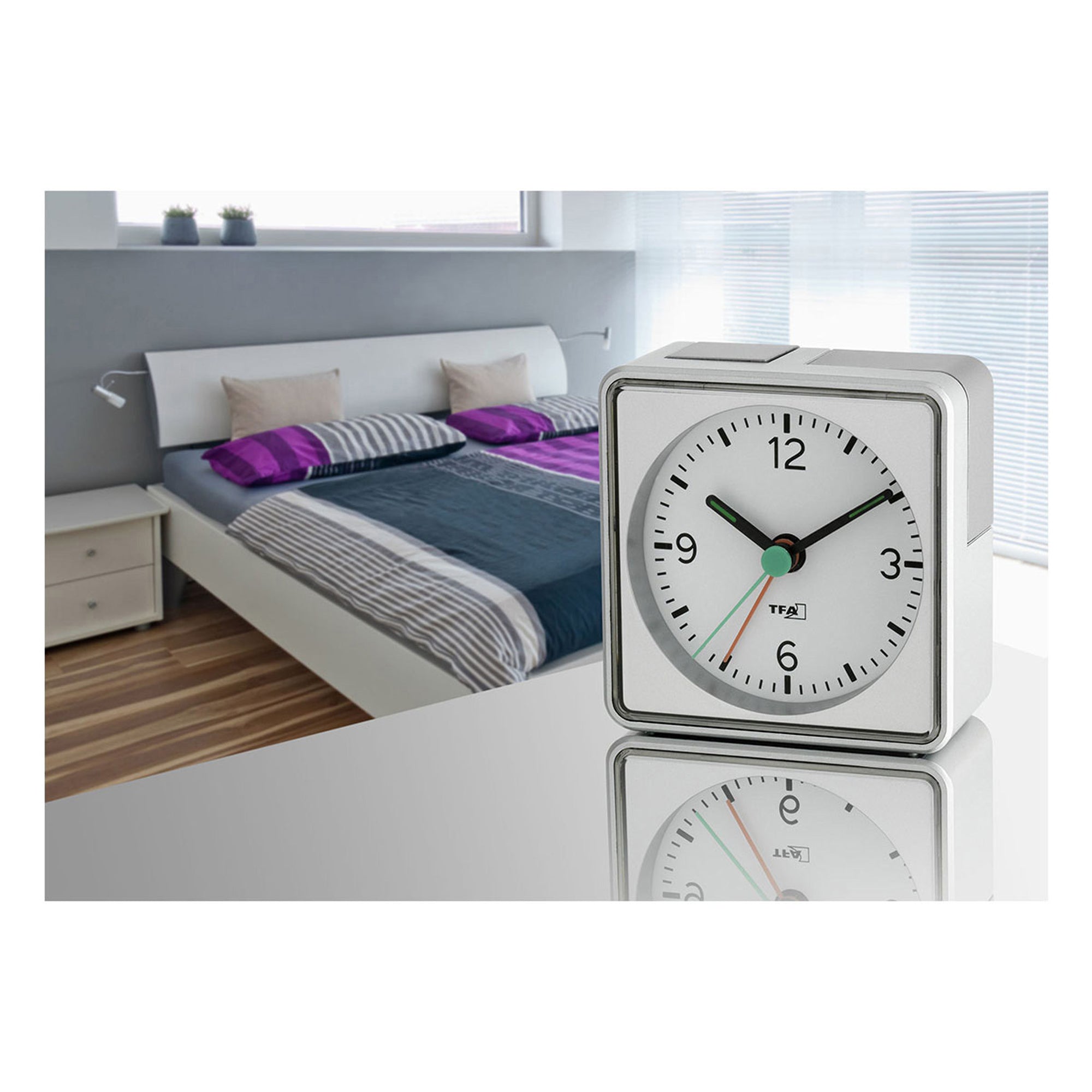 TFA Germany Analogue PUSH Silent Sweep Alarm Clock, 7cm - Clocks Central 