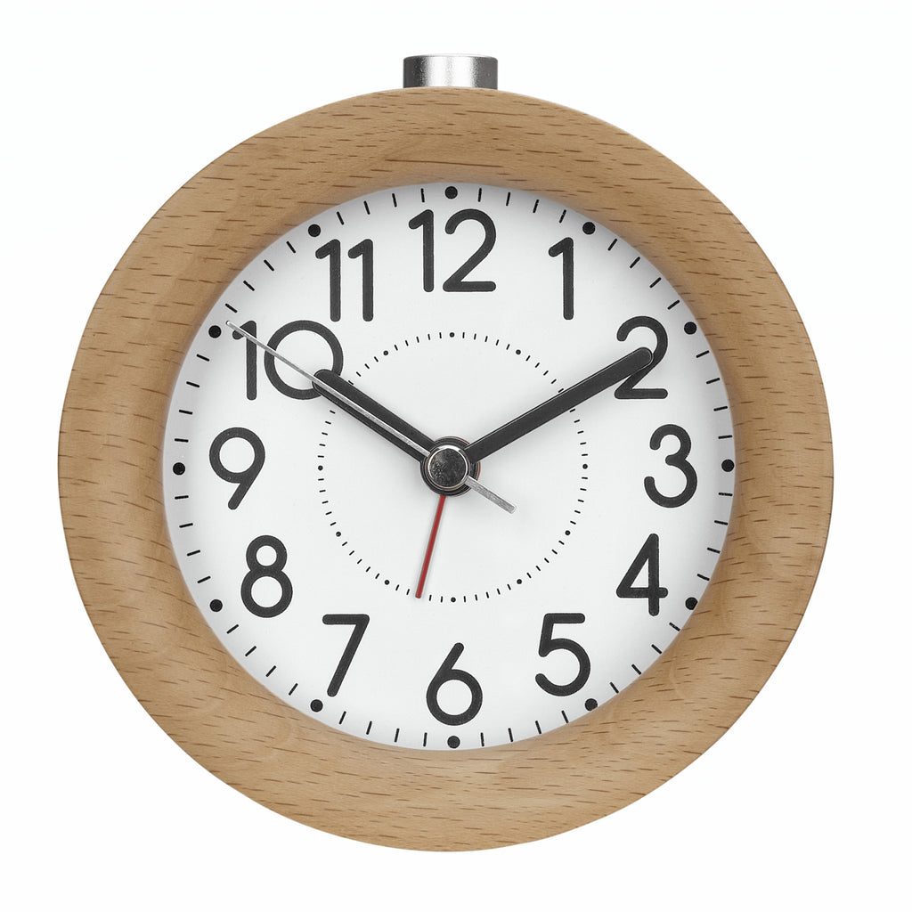 TFA Germany AYLA Round Wood Frame Alarm Clock, 11cm - Clocks Central 