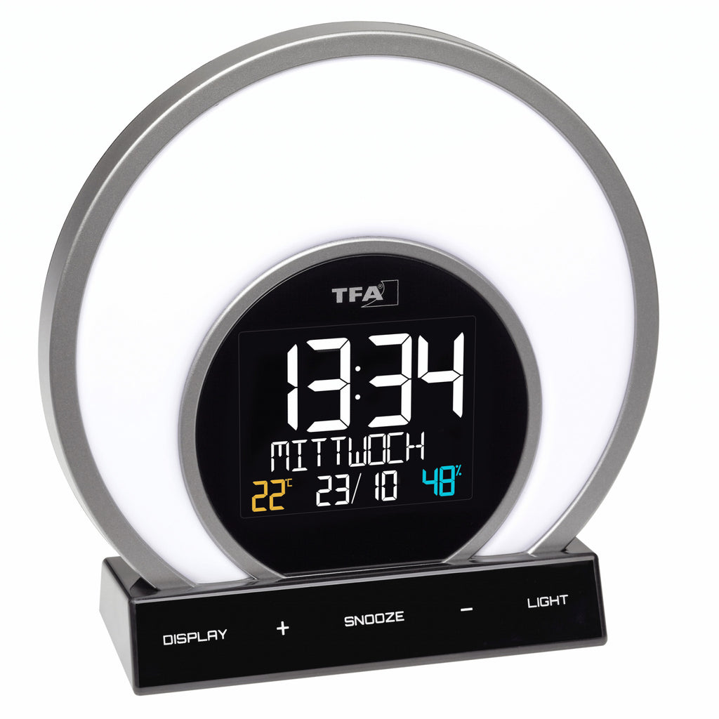 TFA Germany SOLUNA Light Alarm Clock with colour changing mood light, 18cm - Clocks Central 