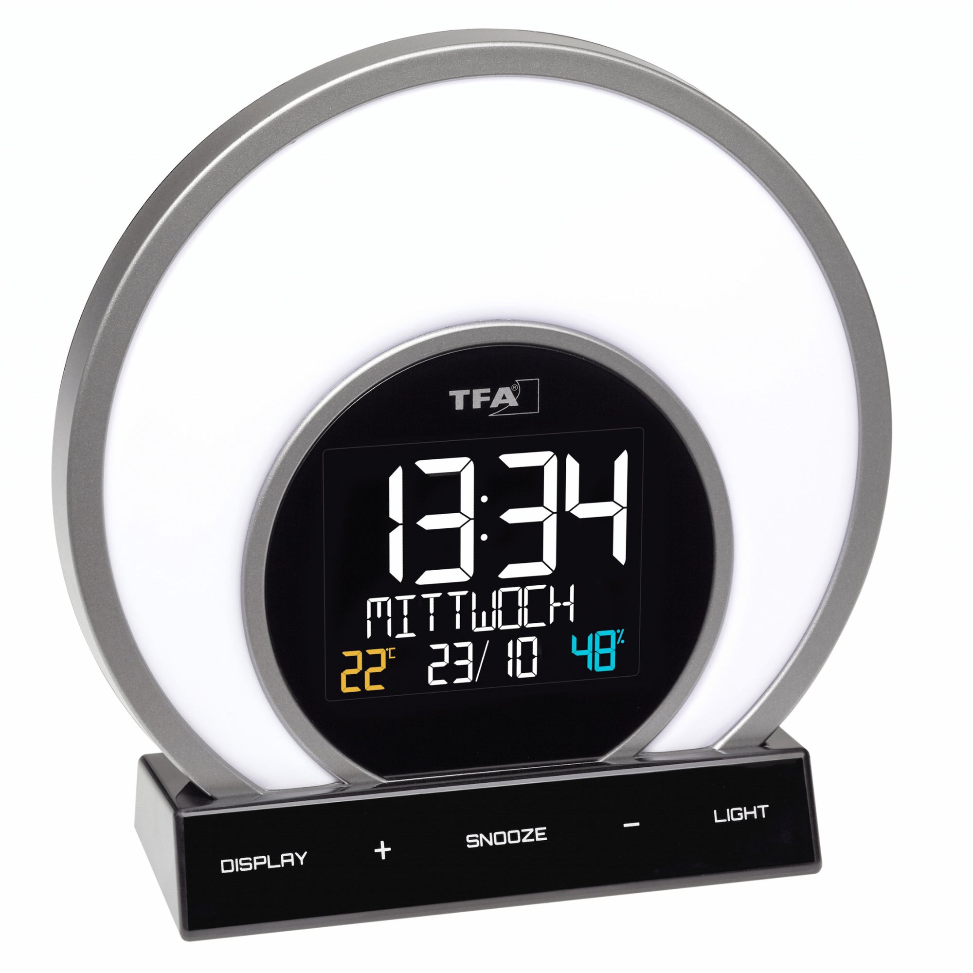 TFA Germany SOLUNA Light Alarm Clock with colour changing mood light, 18cm - Clocks Central 