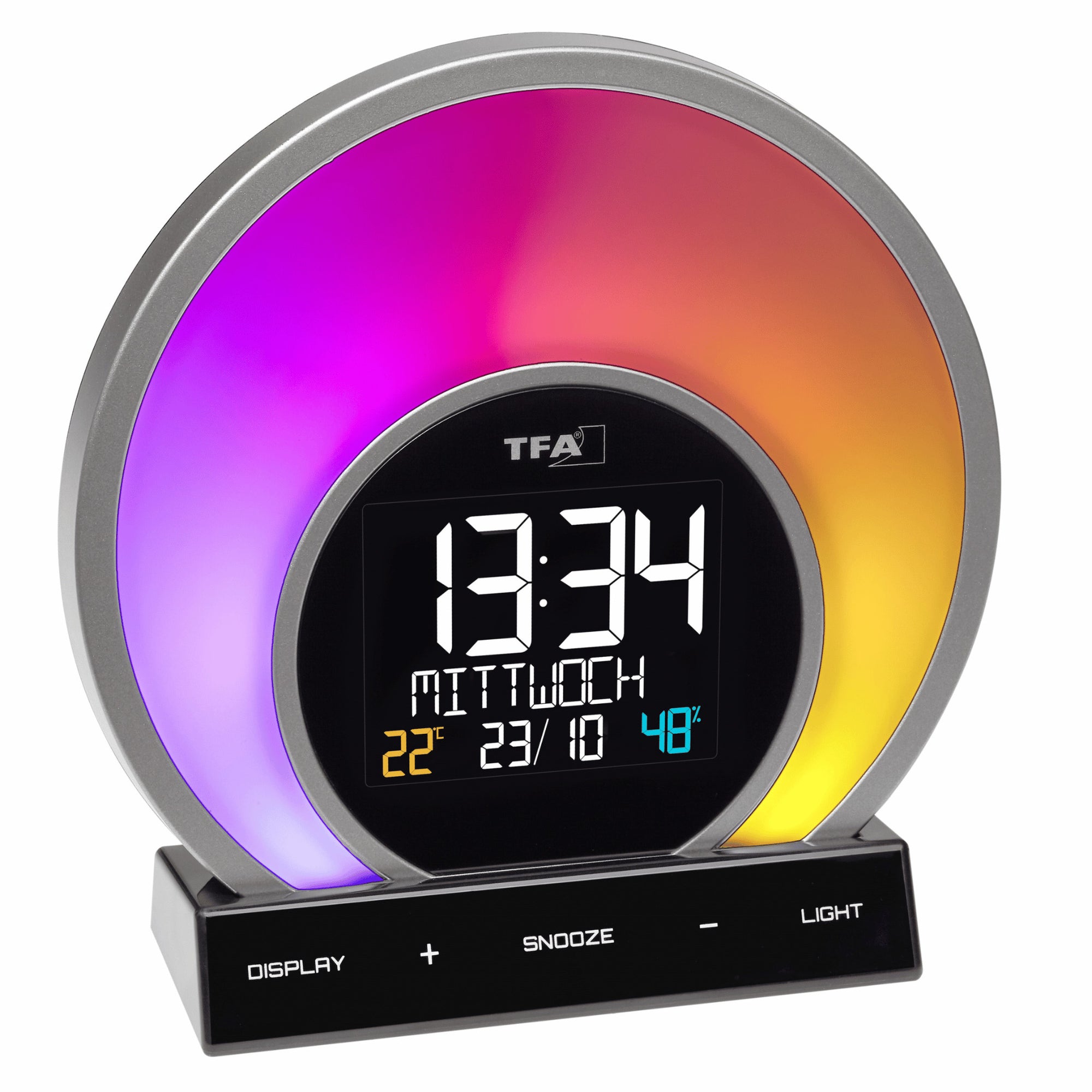 TFA Germany SOLUNA Light Alarm Clock with colour changing mood light, 18cm - Clocks Central 