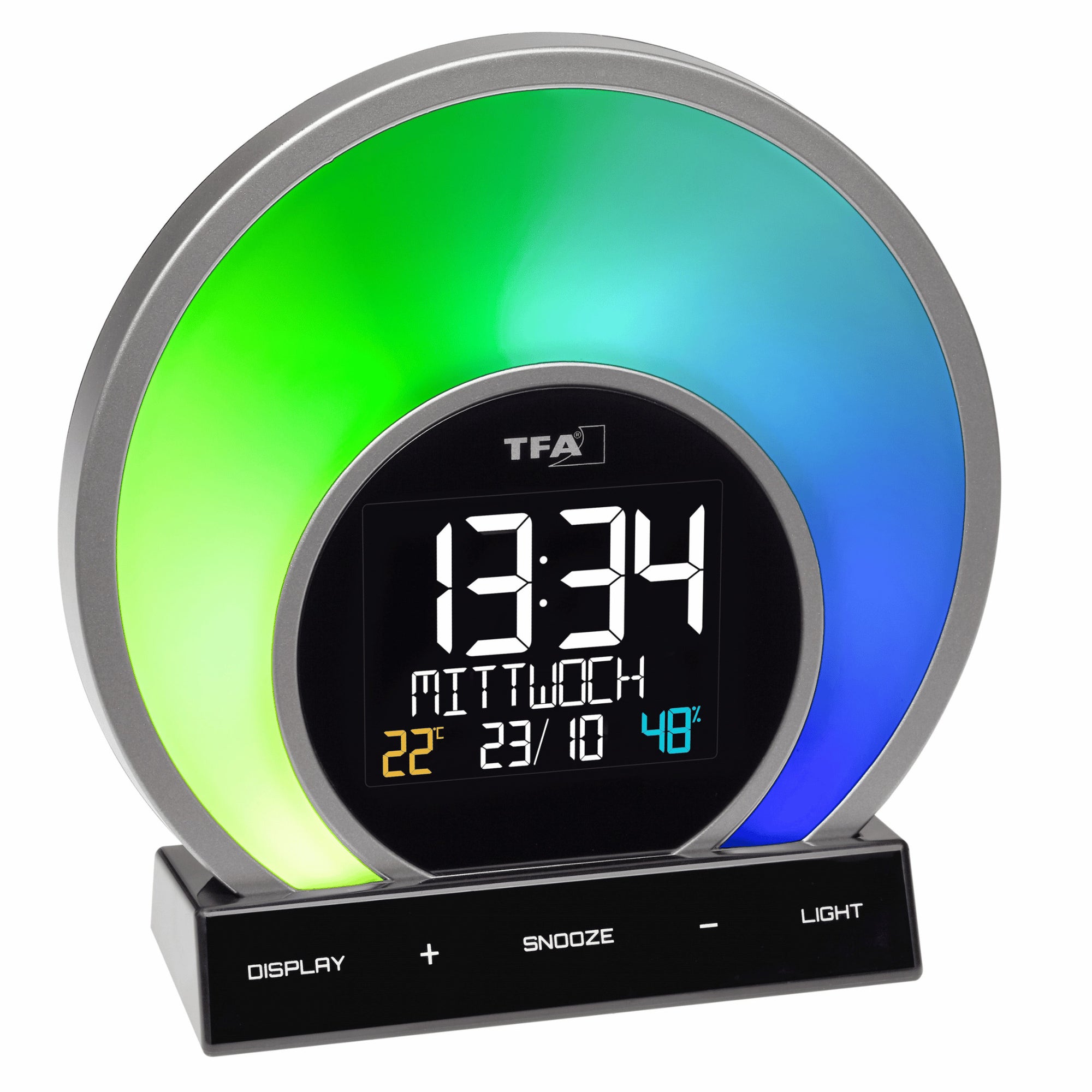 TFA Germany SOLUNA Light Alarm Clock with colour changing mood light, 18cm - Clocks Central 