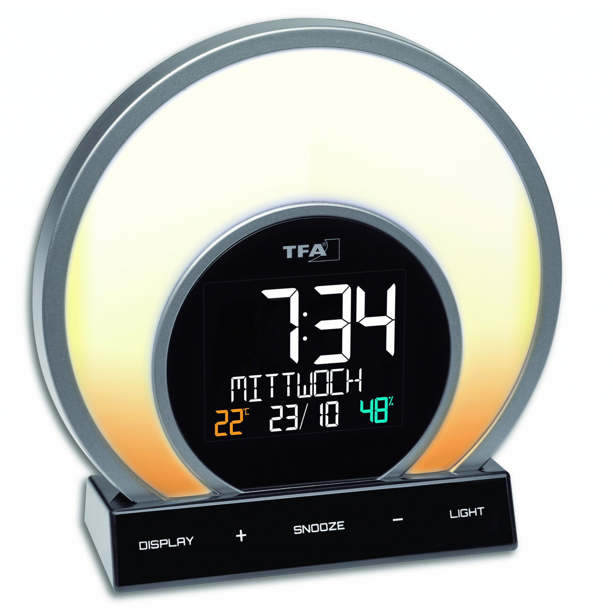 TFA Germany SOLUNA Light Alarm Clock with colour changing mood light, 18cm - Clocks Central 
