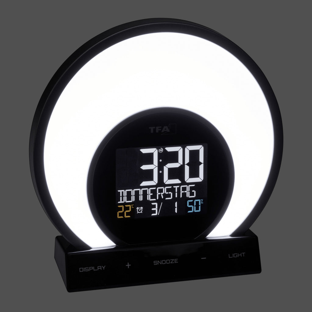 TFA Germany SOLUNA Light Alarm Clock with colour changing mood light, 18cm - Clocks Central 