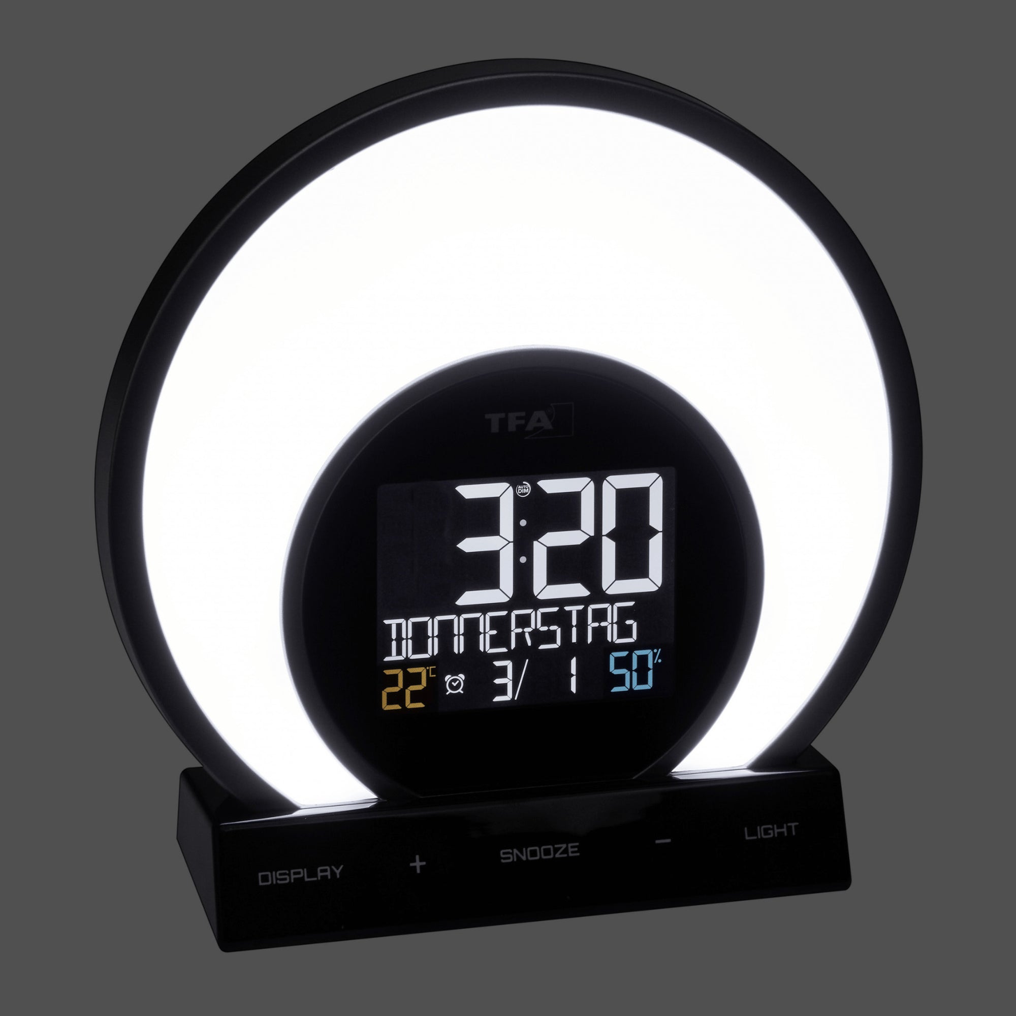 TFA Germany SOLUNA Light Alarm Clock with colour changing mood light, 18cm - Clocks Central 