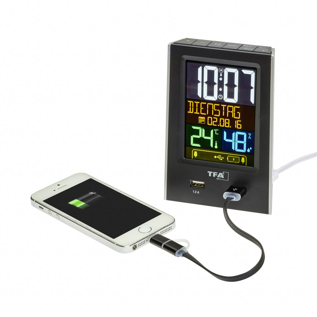 TFA Germany CHARGE-IT Alarm Clock with USB Charging, 14cm
