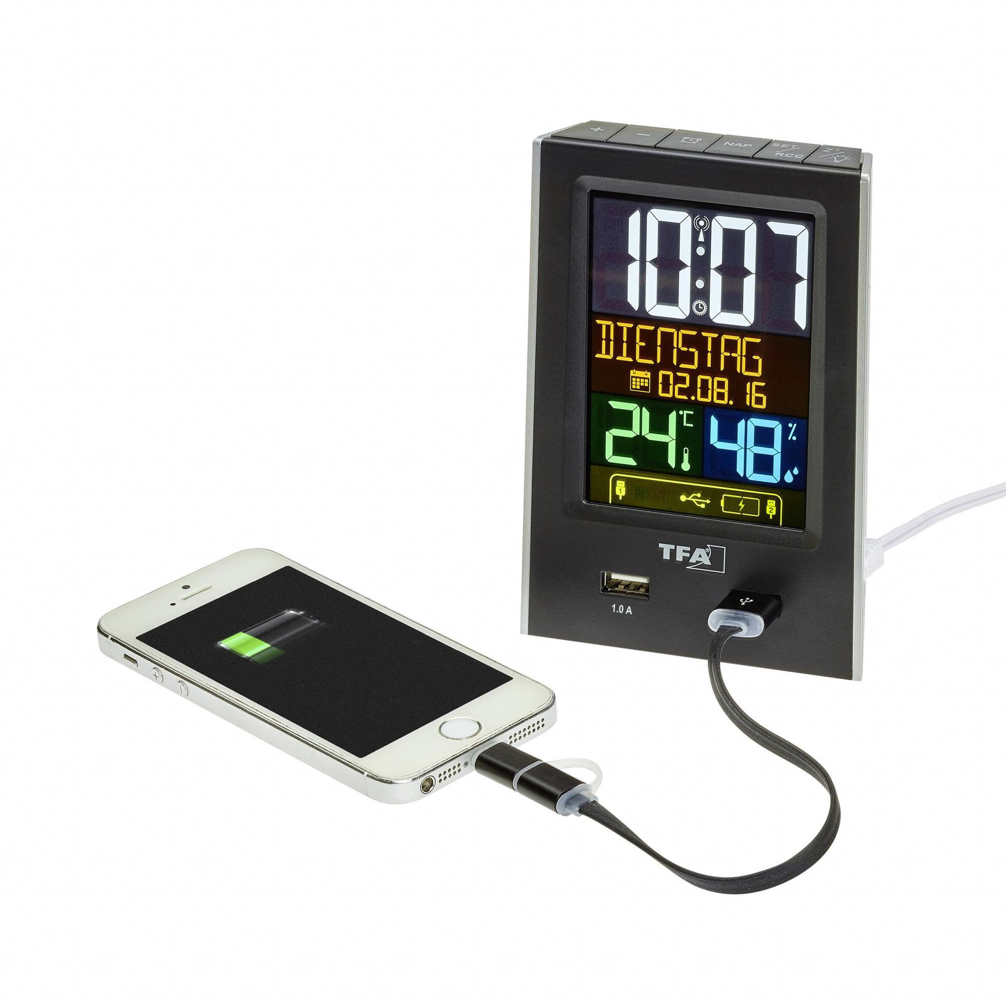 TFA Germany CHARGE-IT Alarm Clock with USB Charging, 14cm