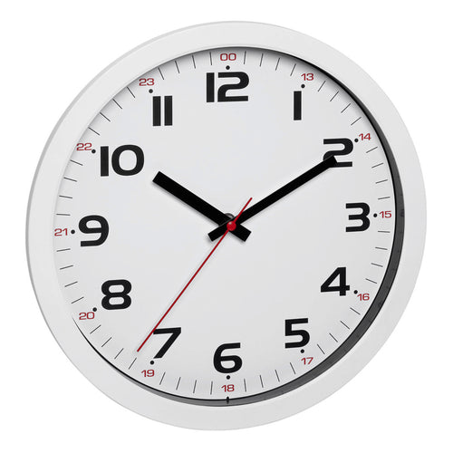 Analogue clock with white frame and white dial displaying 12- and 24-hour time in bold numbers. Featured red second hand.