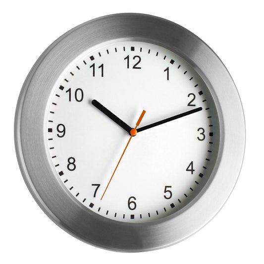 Picture of a wall clock made from brushed aluminum with a simple and stylish clock face