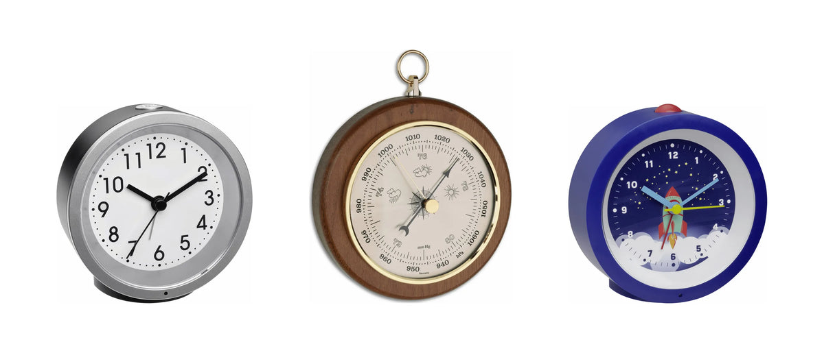 Alarm clock, wooden barometer and kids alarm clock shown to scale