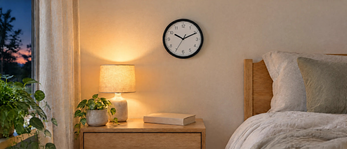 TFA Germany BRADLEY 26 cm silent-sweep wall clock above a timber bedside table lit by a lamp in the evening