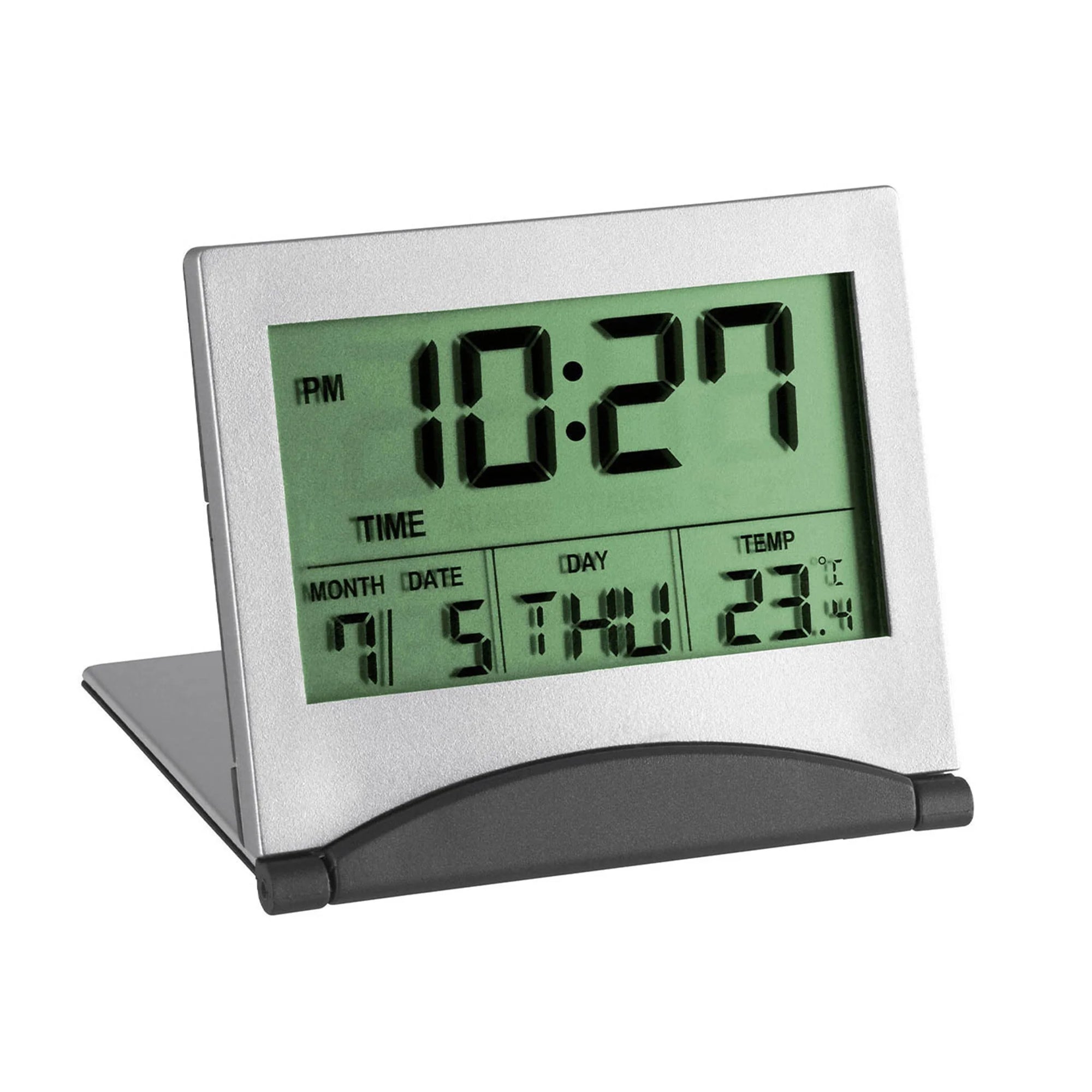 TFA Germany silver digital alarm clock showing time, date, day and temperature on LCD display