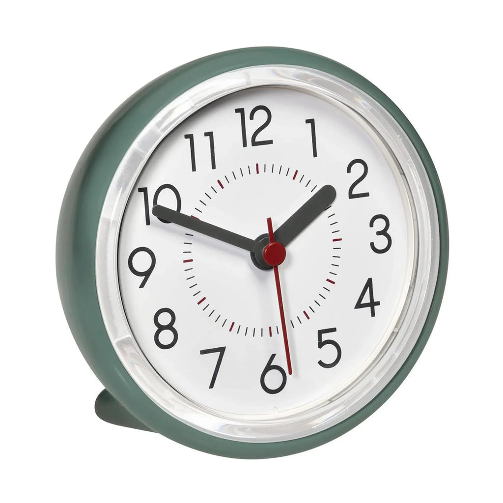 TFA Germany LULU green round bathroom clock with white dial and red second hand